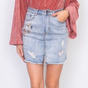 Denim Floral Embroidered Distressed Mini Skirt